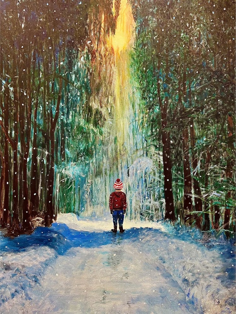 Winter's Promise Boy In Snowy Forest Light from Above
