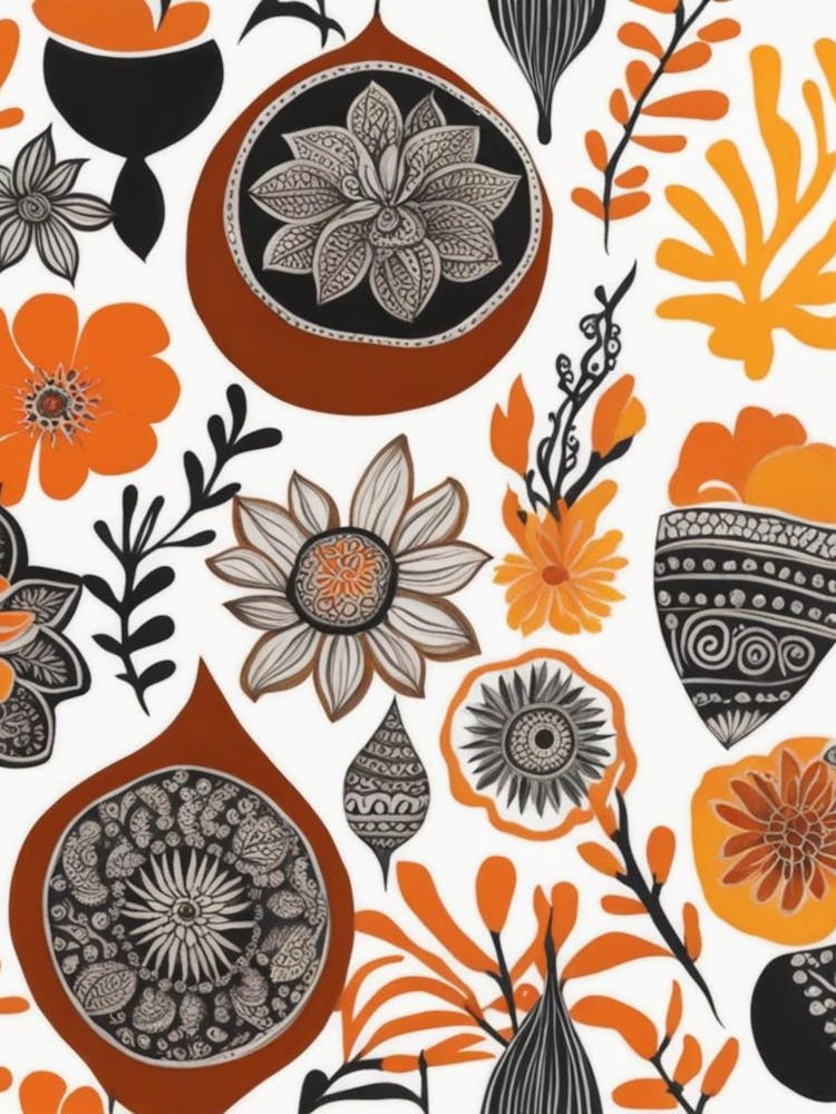 Motif Floral Orange et Noir