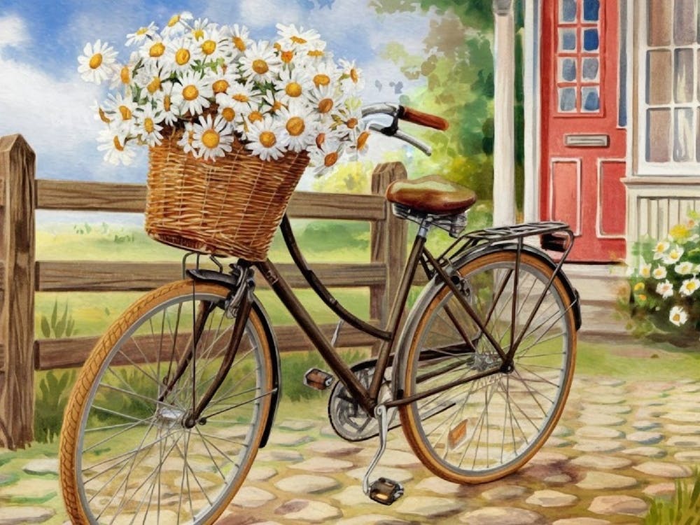 Charming Vintage Bicycle with Daisy Basket Painting - Rustic Cottage Scene