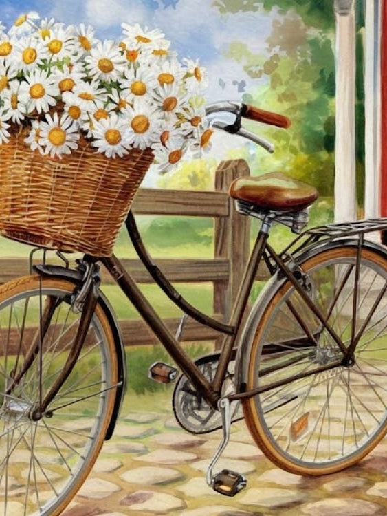 Charming Vintage Bicycle with Daisy Basket Painting - Rustic Cottage Scene