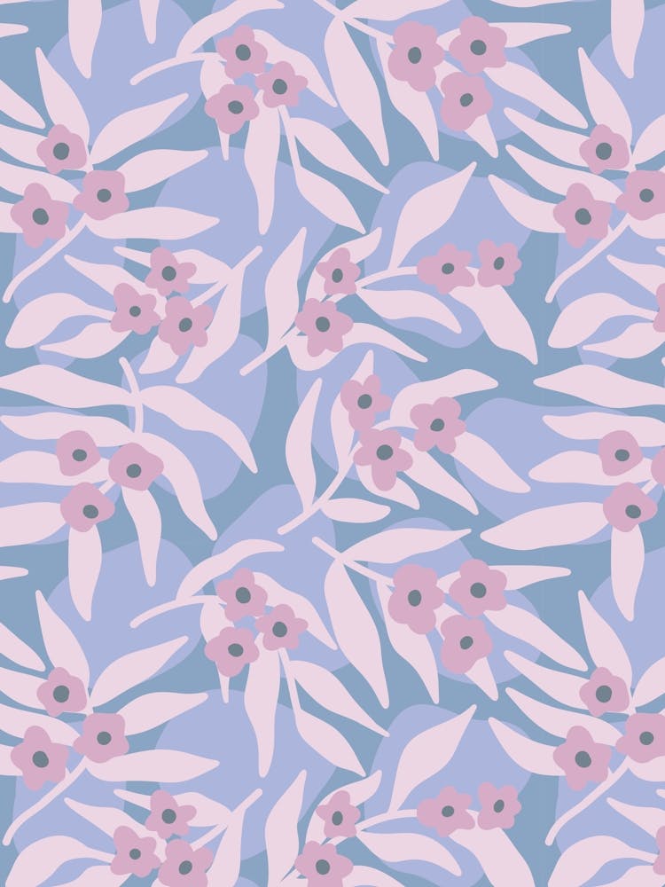 Petites Fleurs Violettes sur Feuilles Abstraites Fluides et Pierres