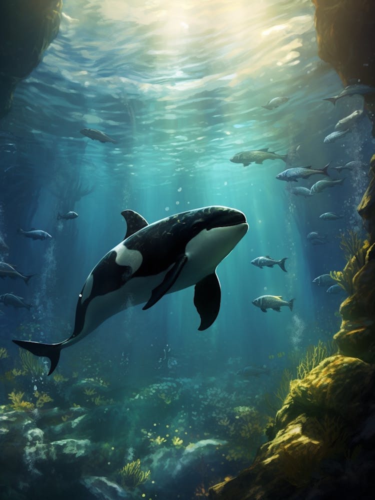 Realistic Orca Whale Swimming Deep Underwater With Fish