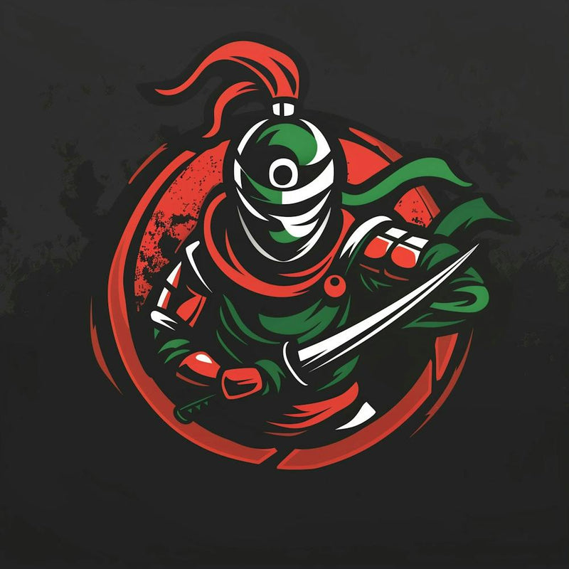 A Modern Logo For , Featuring A Stylized Warrior In Red And Green Armor, Emblematic Of Kimchi Ingredients, Set Against A Sleek, Dark Background