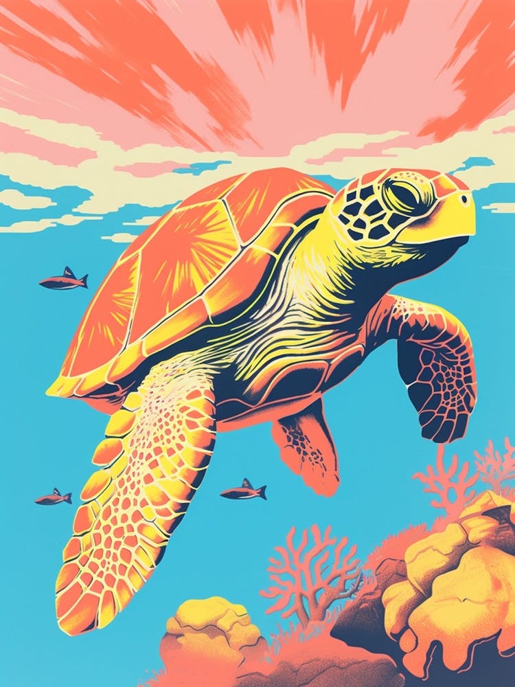 Orange Sea Turtle In The Ocean With Coral