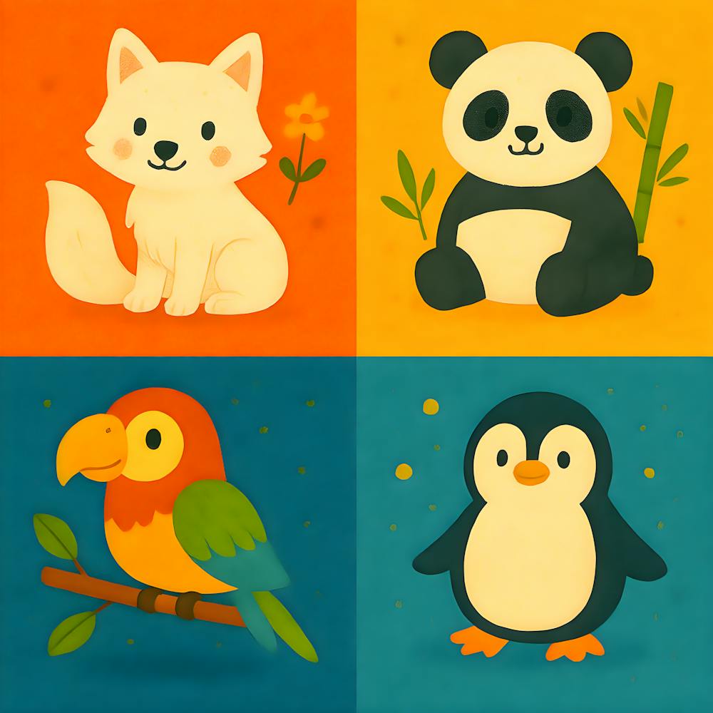 Colorful Animal Nursery Art – Arctic Fox, Panda, Parrot & Penguin – Vibrant Kids Room Decor, Playful Baby Shower Gift, Cute Wall Prints