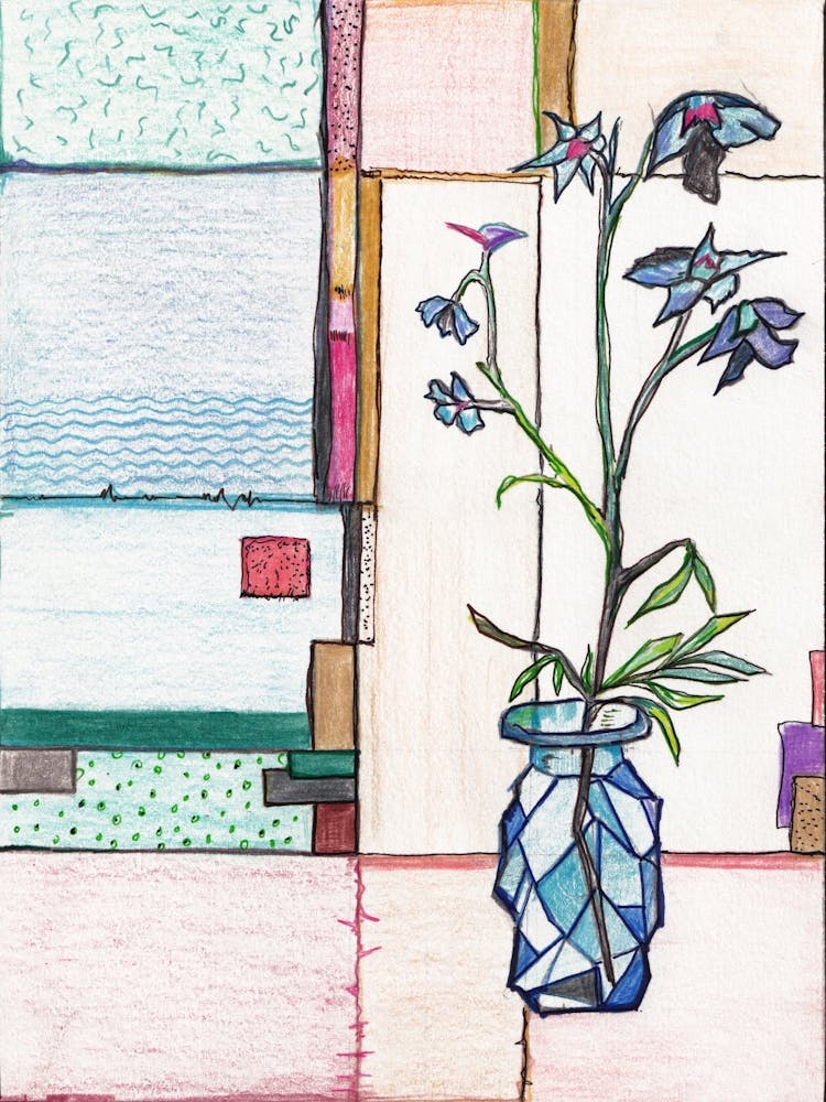 Painting of Blue Flowers In A Vase, Abstract Art.