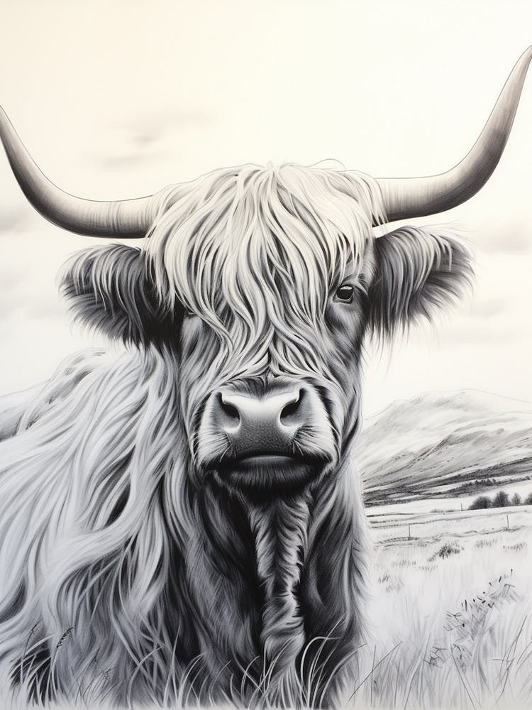 Black & White Watercolour Illustration Of Highland Cow 2