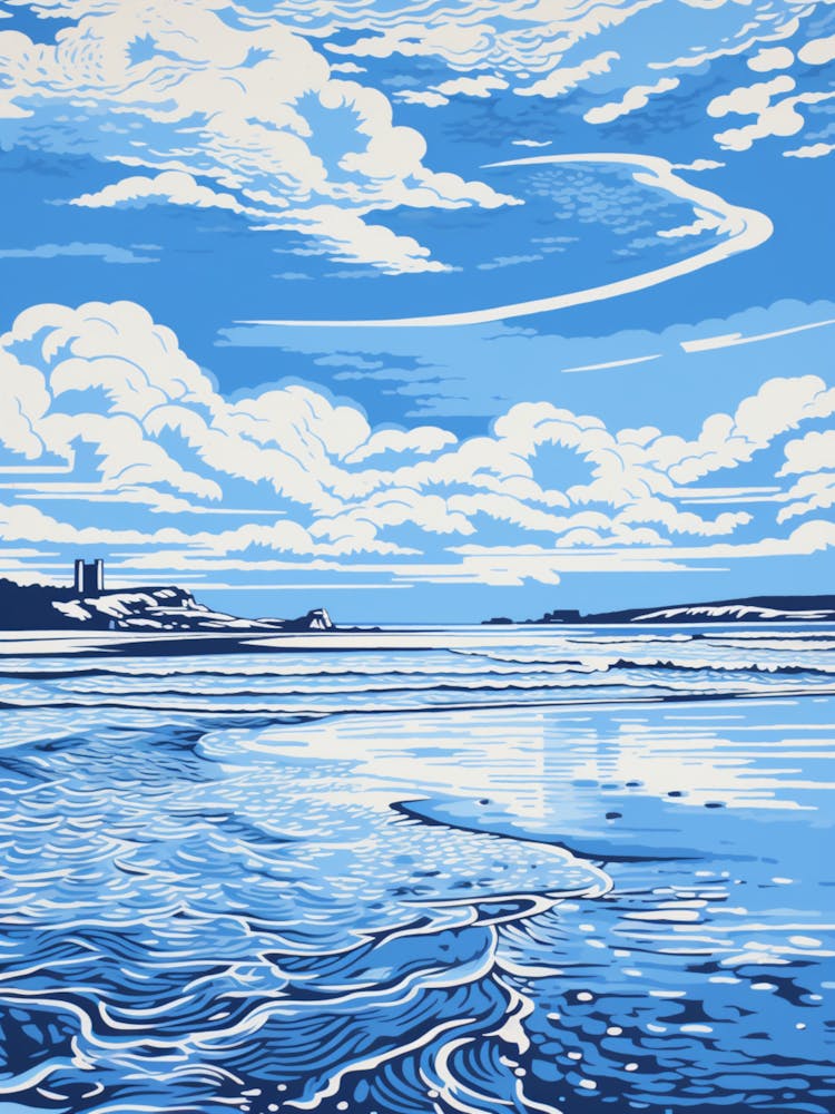 Linocut Of Bamburgh Beach Northumberland 3