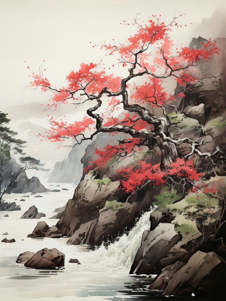 Red Tree Watercolor, Japanese Brush Painting, Ukiyo E, Minimal 2