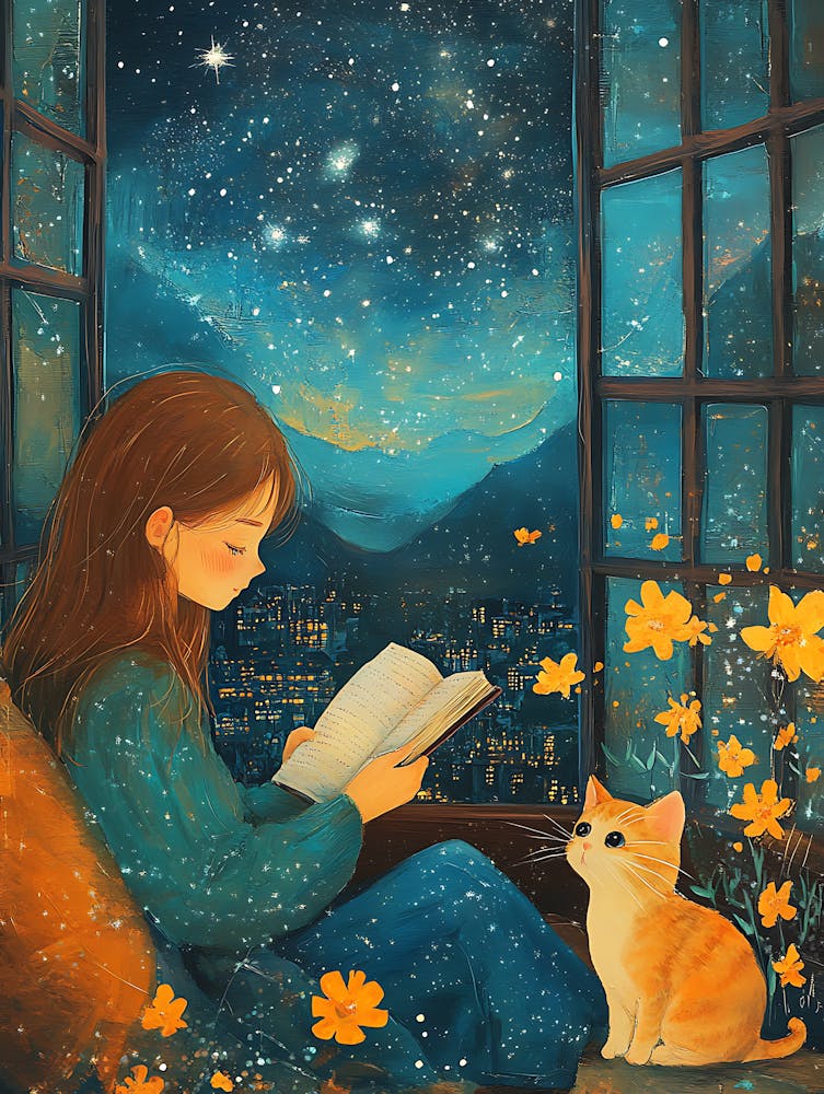 Mädchen liest Buch mit ihrer Katze 6