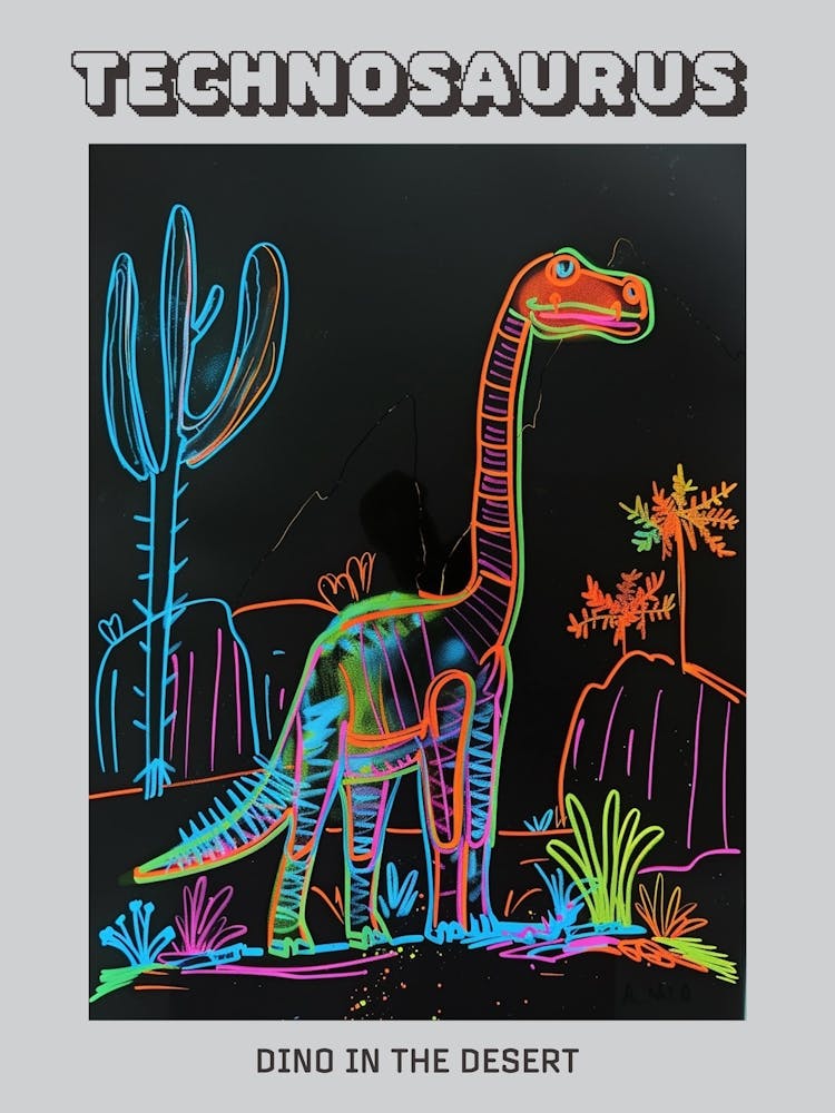 Neon Dinosaur Line Drawing In The Desert Poster