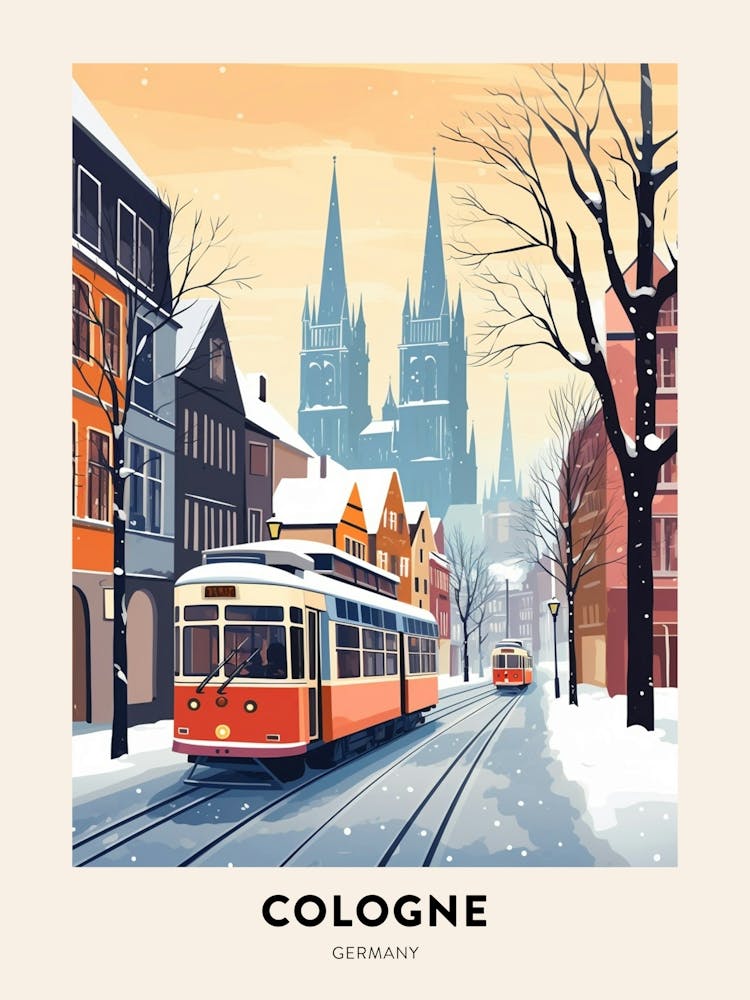 Vintage Winter Travel Poster Cologne Germany 2