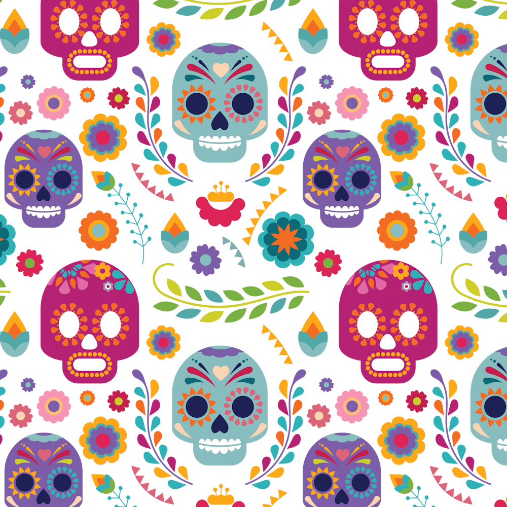 Mexican Floral With Skull Seamless Pattern