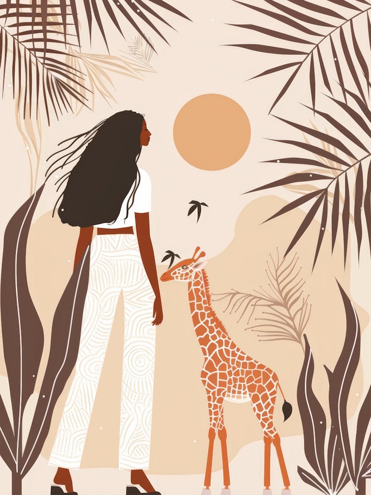 Giraffe And Woman In The Jungle