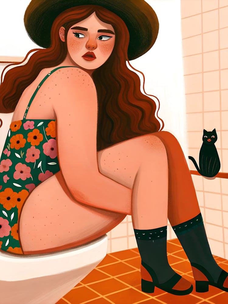 Frau auf Toilette, Blumenbadeanzug, Schwarze Katze, Hut, Stiefel, Absätze