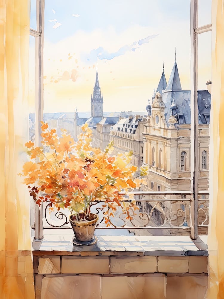 Window View Of Luxembourg City Luxembourg In Autumn Fall, Watercolour 2