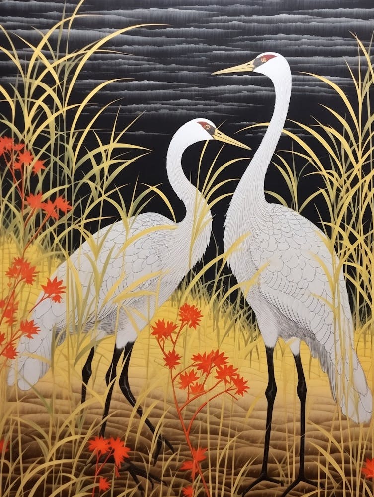 Cranes In Silver Grass Vintage Japanese Botanical