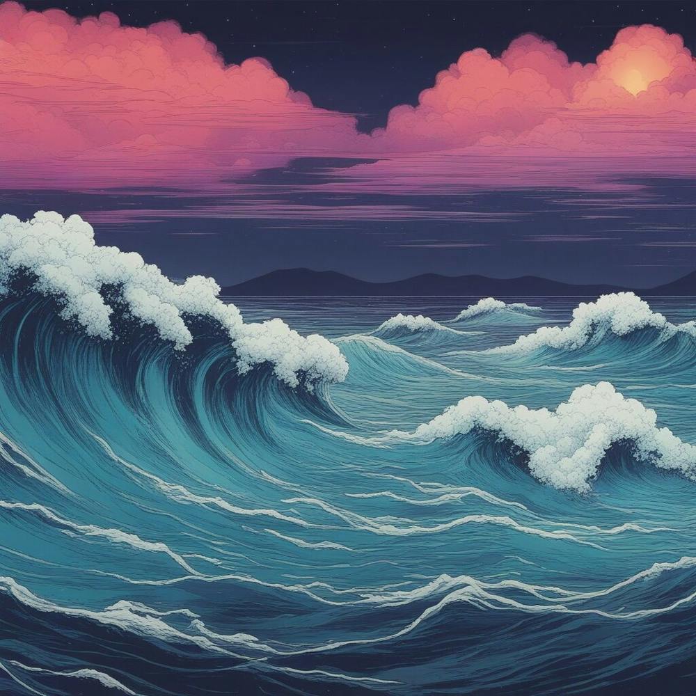 Ocean Waves 90's retro art, natural disaster