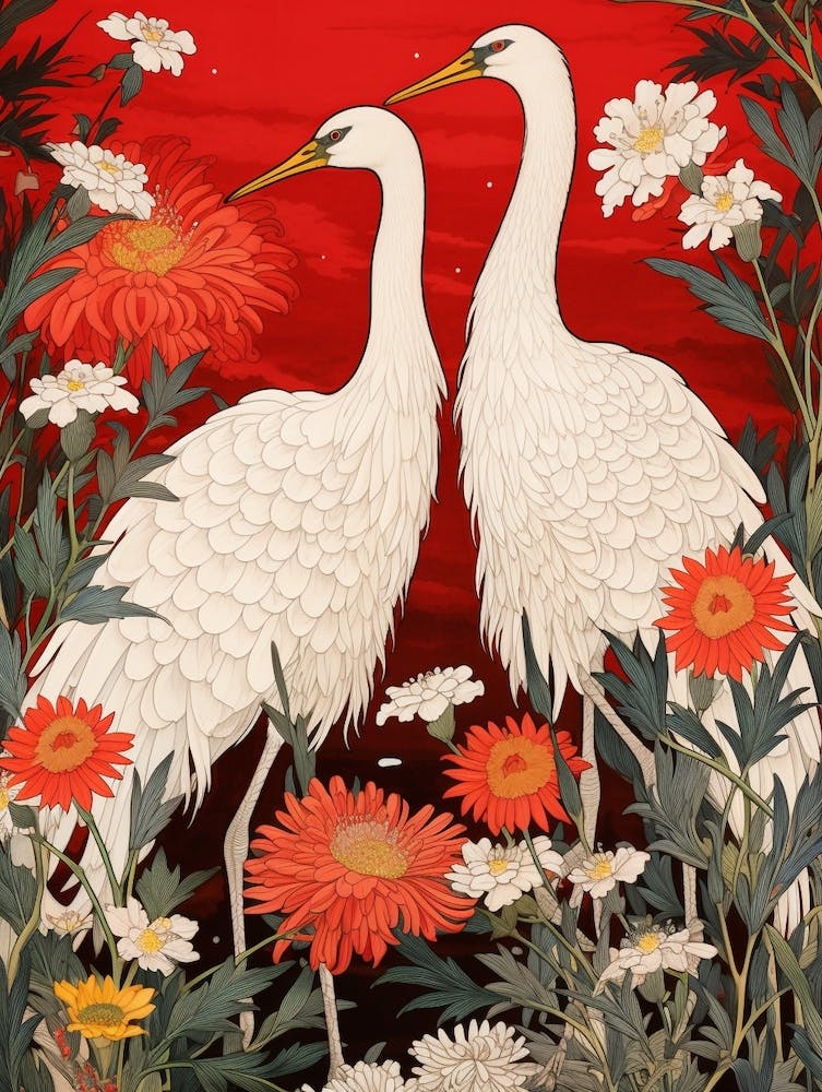 Black And Red Cranes 5 Vintage Japanese Botanical