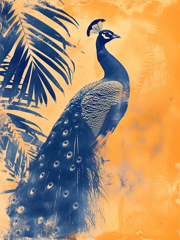 Orange & Blue Cyanotype Inspired Peacock With Tropical Leaves 2