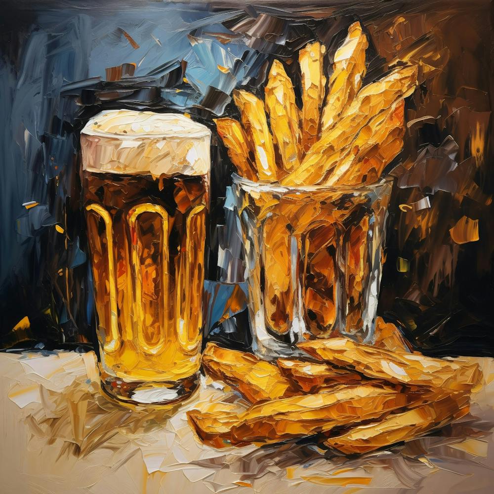 One Beer And French Fries Badge Hand Drawn Oil 0d
