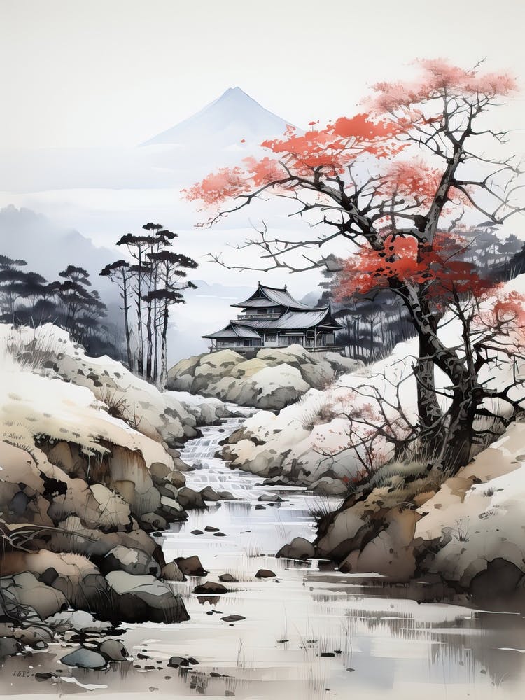 Shirakawa Go In Gifu, Japanese Brush Painting, Ukiyo E, Minimal 3