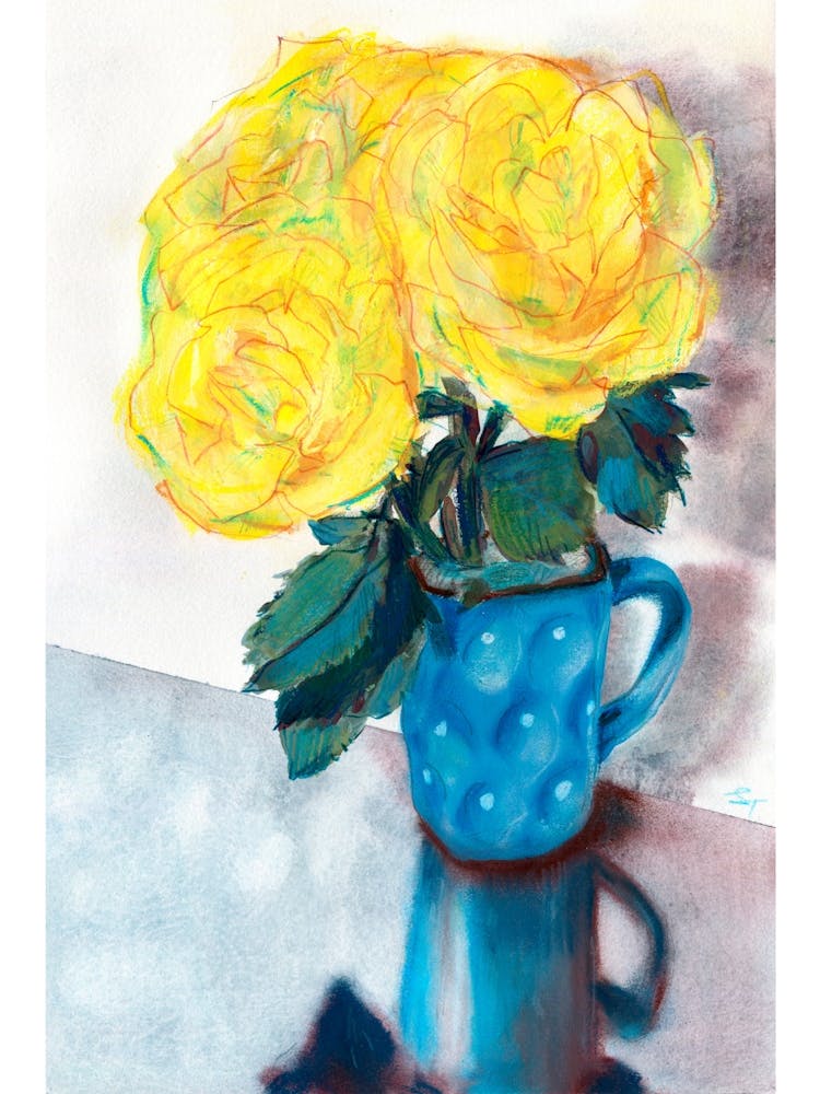 Yellow Roses In A Blue Vase