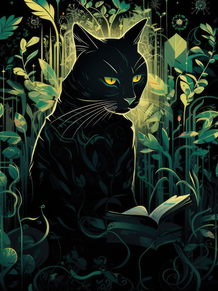 Chat Noir Lisant Un Livre