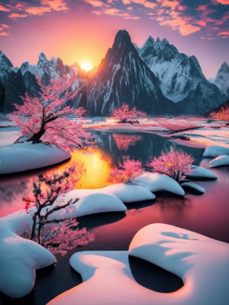 Snowy Mountains At Sunset