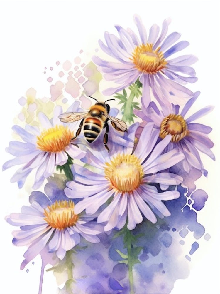 Beehive With Aster Watercolour Illustration 3