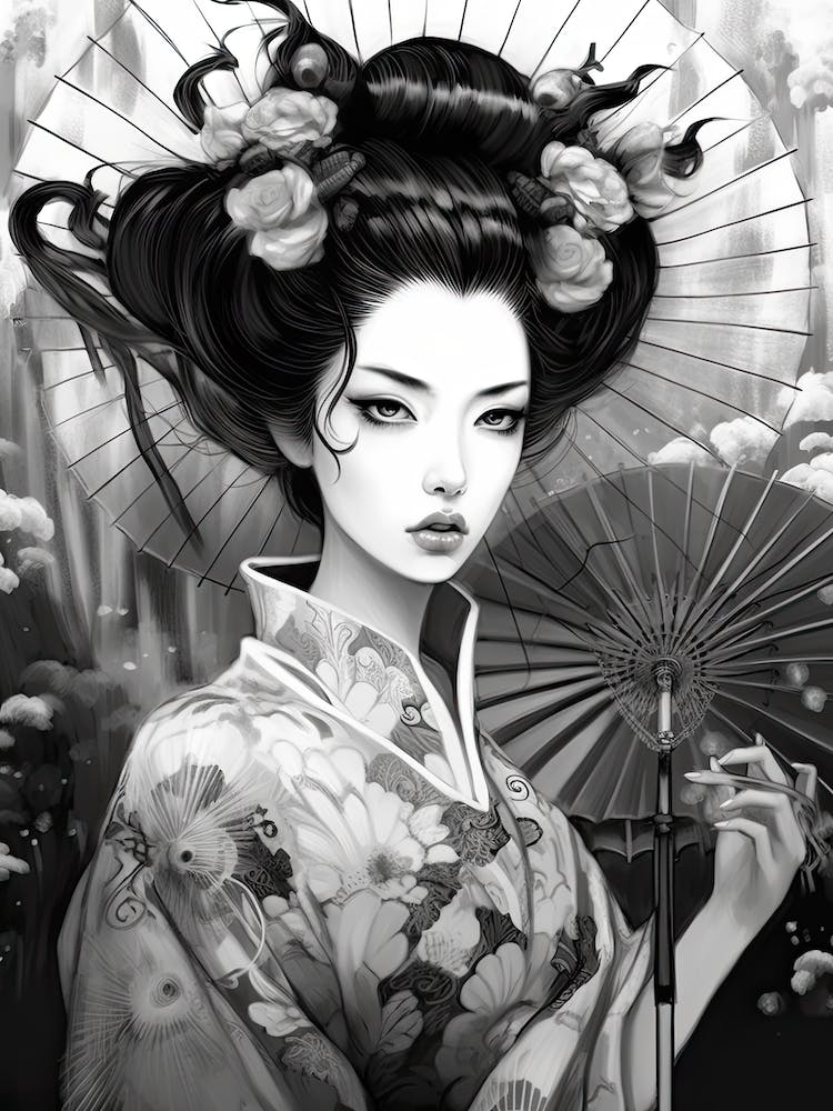 Geisha Black And White Anime Style  4