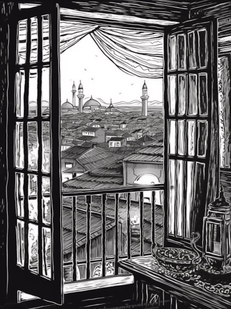 A Window View Of Istanbul In The Style Of Black And White  Line Art 3