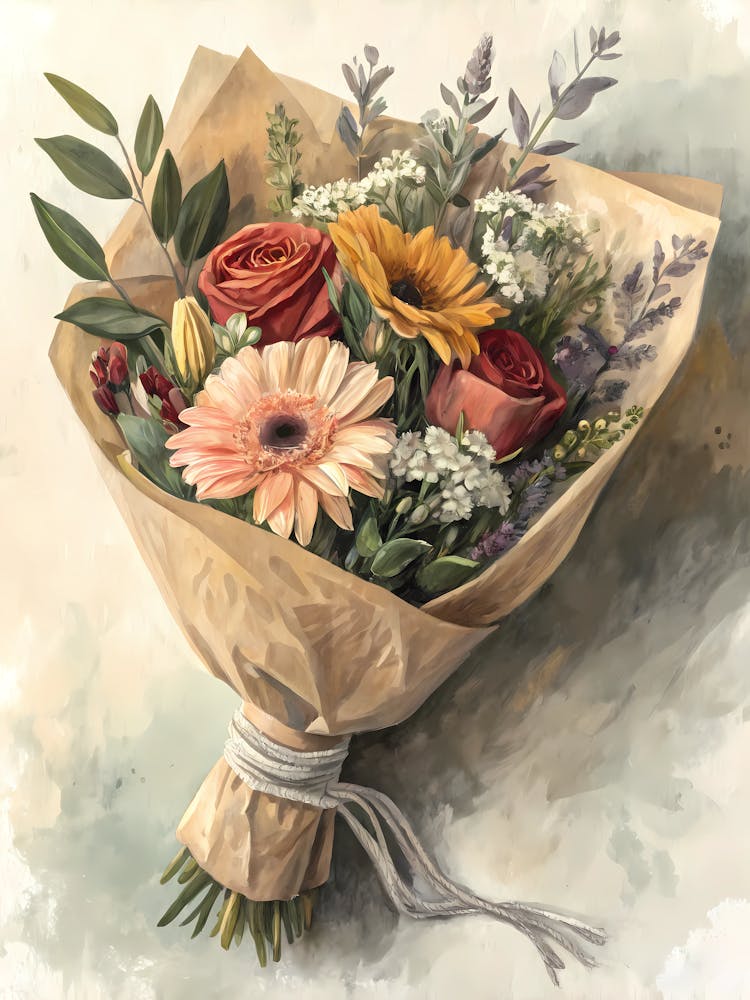 Blumenstrauß im Ölgemälde-Stil in Kraftpapier gewickelt