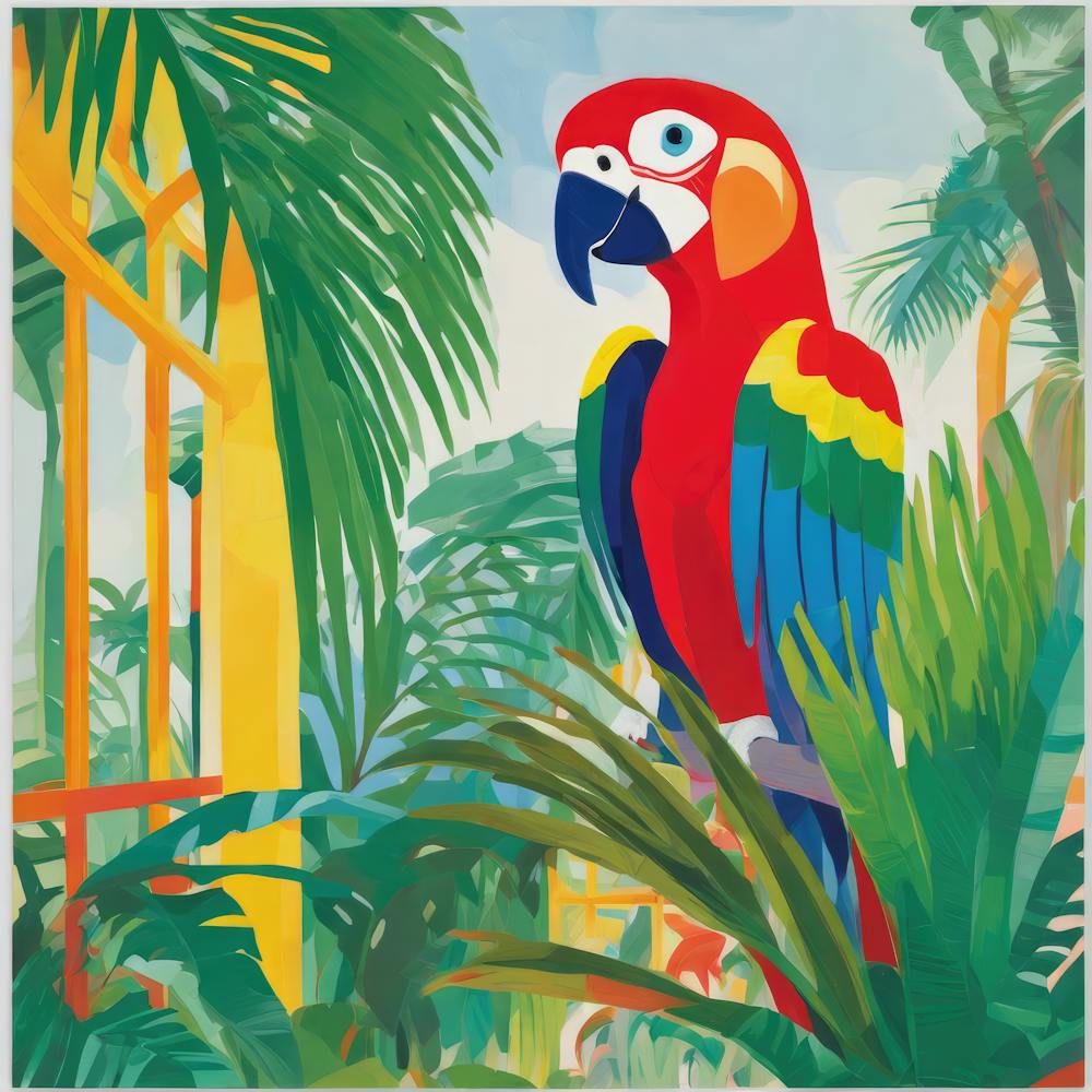 David Hockney Stil: Papagei in Palmhaus-Serie