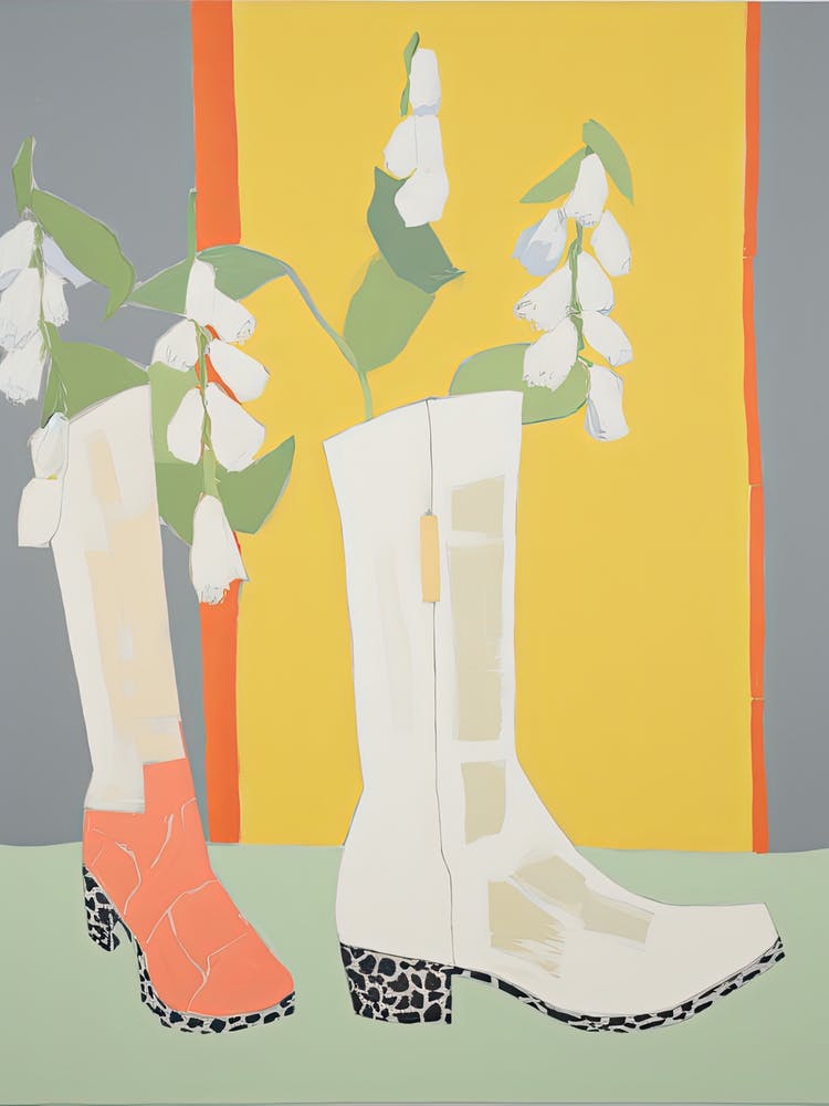 A Painting Of Cowboy Boots With Snapdragon Flowers, Pop Art Style 4