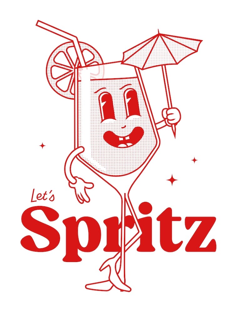 Aperol Spritz Cocktail Vintage Retro Cartoon Illustration In Red