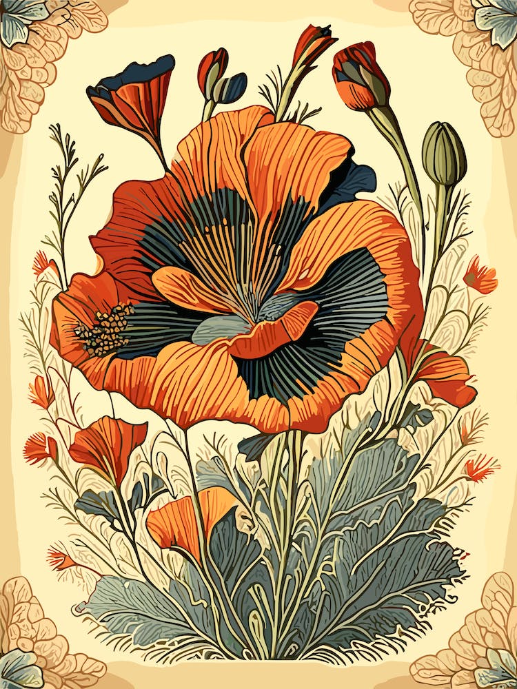 California Poppy Wildflower Vintage Botanical