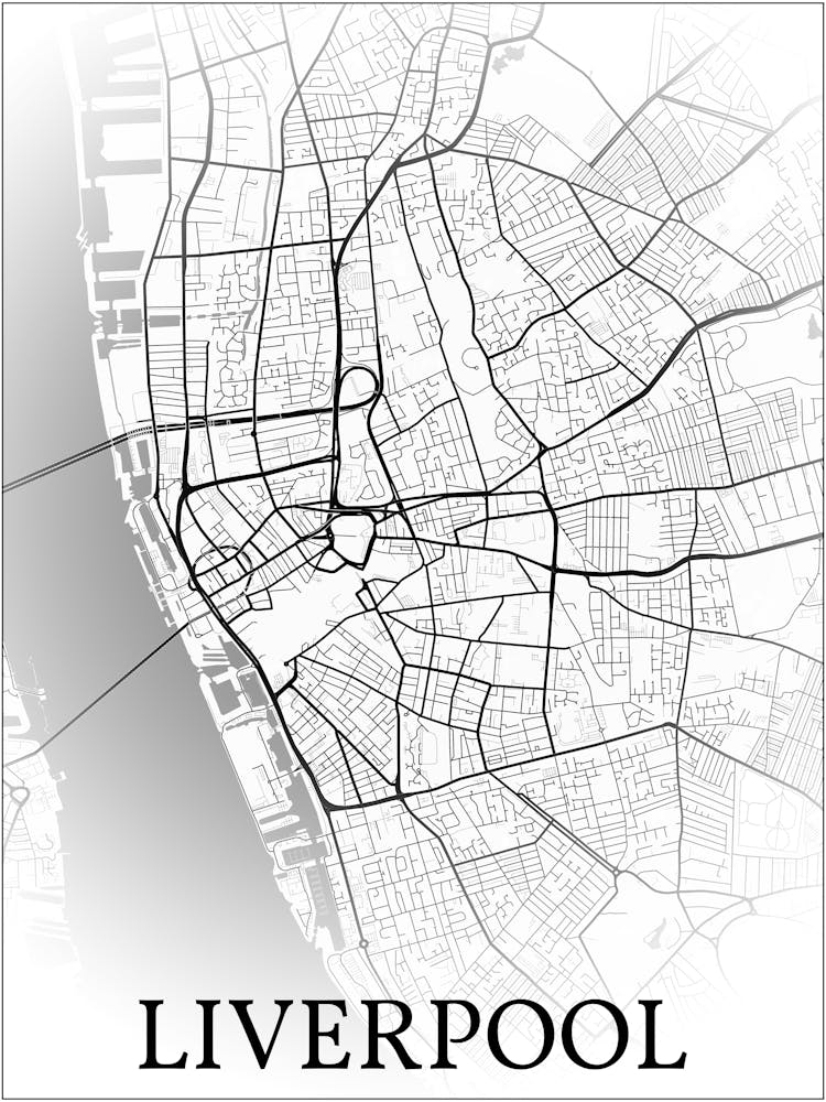 Liverpool, England, Uk, City Map, Black And White Fade Design