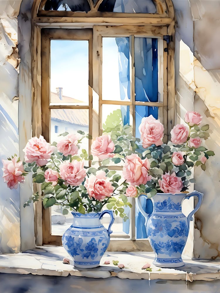 Pink Roses by the Windowsill