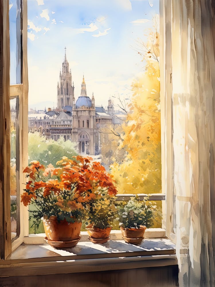 Window View Of Milan Italy In Autumn Fall, Watercolour 4