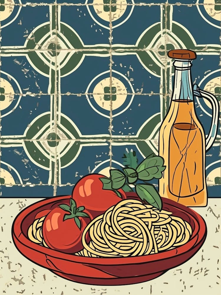 Tomatoes & Spaghetti On A Tiled Background