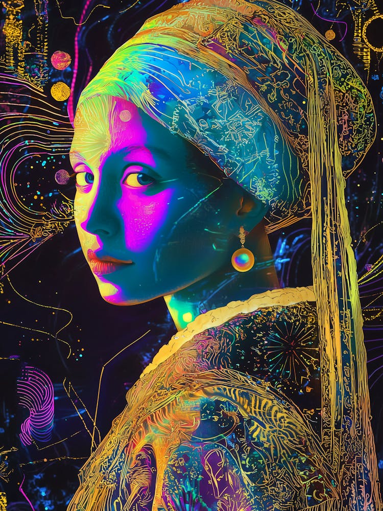Girl With Pearl Earring inspired by Vermeer, Reimagined Masterpiece in Synthwave Cyberpunk style.