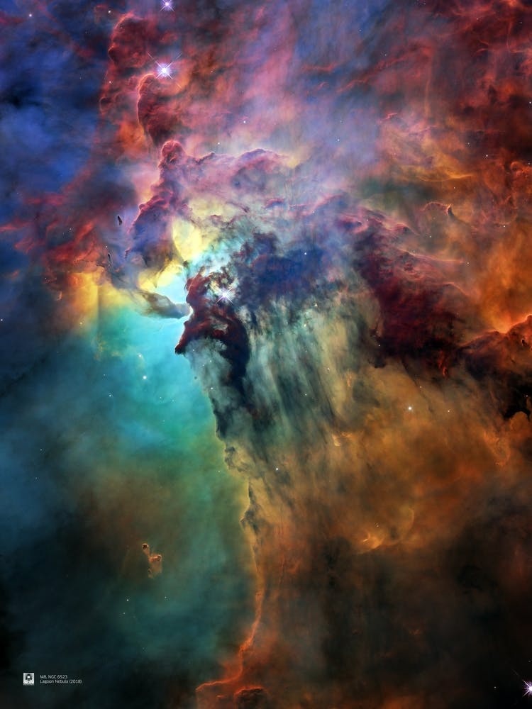 Lagoon Nebula (2018), M8, NGC 6523 (NASA Hubble Space Telescope) — space poster, science poster, space photo