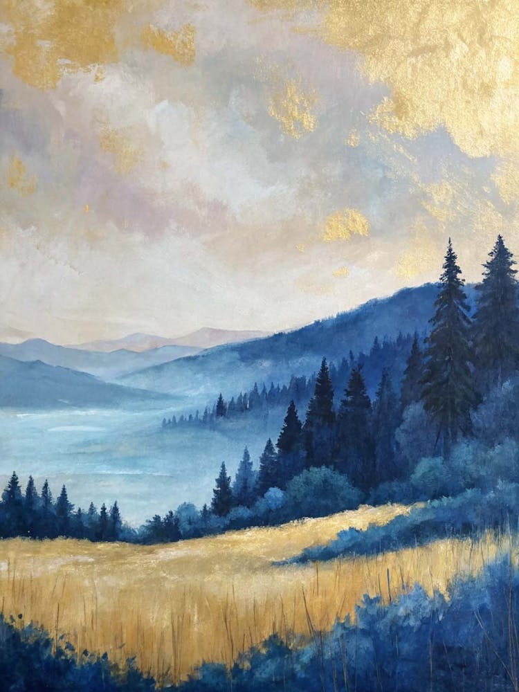 Golden Horizon – Misty Mountain Landscape Canvas Print For Serene Interiors