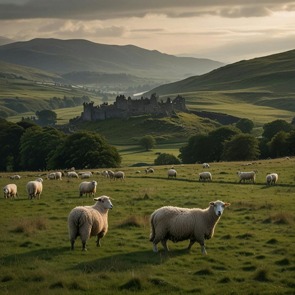 A Serene Highland Landscape With Rolling Hills, Grazing Sheep, And A Distant Castle
