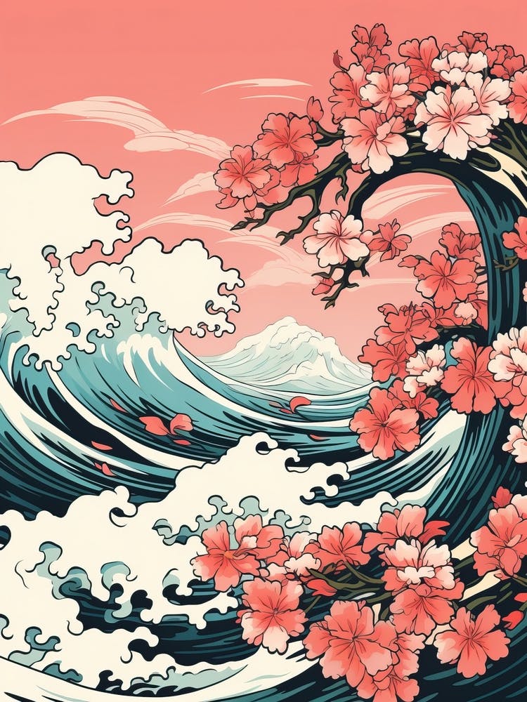 Great Wave With Plumeria Flower Drawing In The Style Of Ukiyo E 4