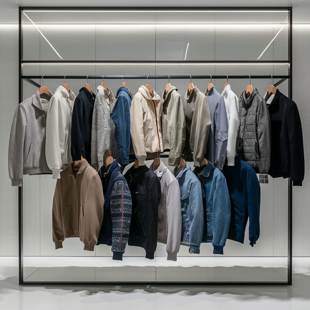 A rack of men's jackets and hoodies on a rack 2