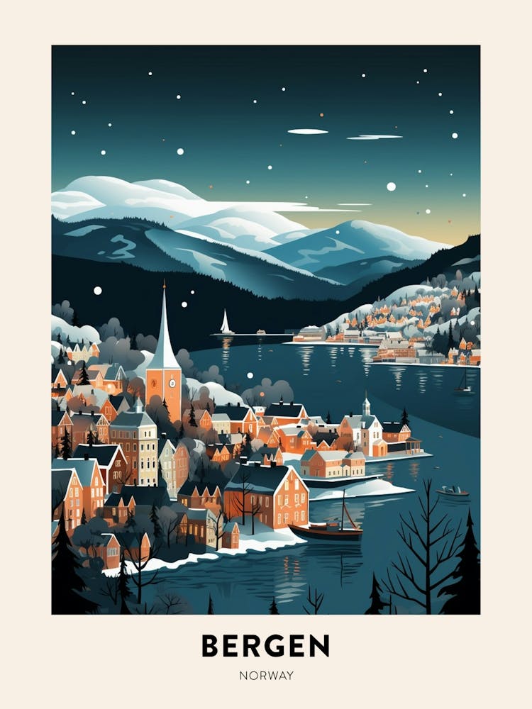 Winter Night  Travel Poster Bergen Norway 1