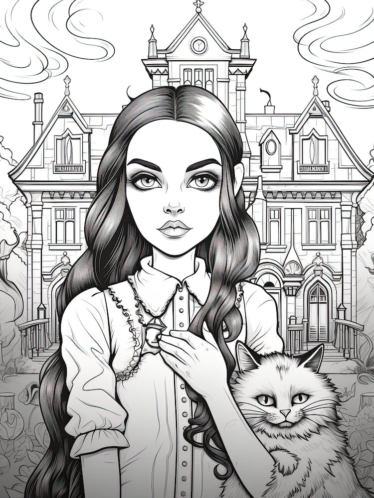 Nevermore Academy With Wednesday Addams And A Cat Line Art 0 Fan Art