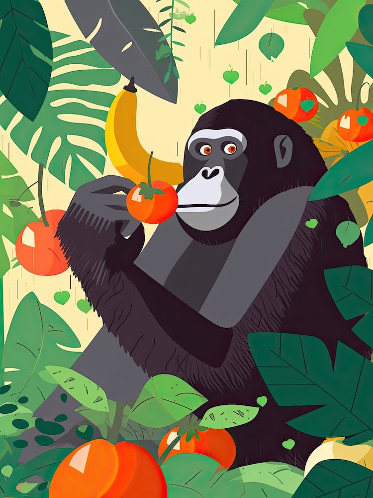Gorilla Art Eating Fruits Cartoon Illustration 3